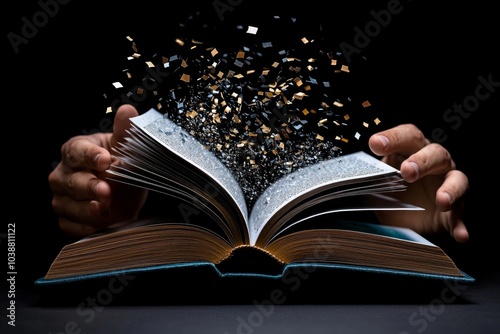 Person reading a book, with the words floating off the page and forming different images based on the readerâ€™s thoughts and experiences photo