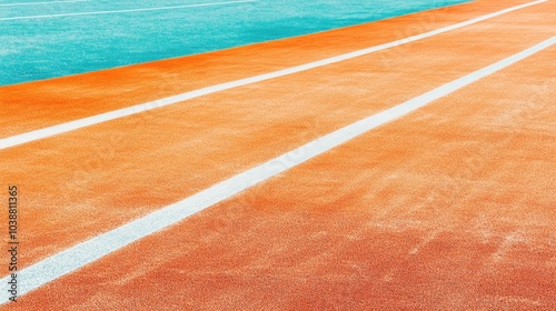 A bright and empty running track field with clear white markings, its orange-red surface reflecting the heat of a summer day