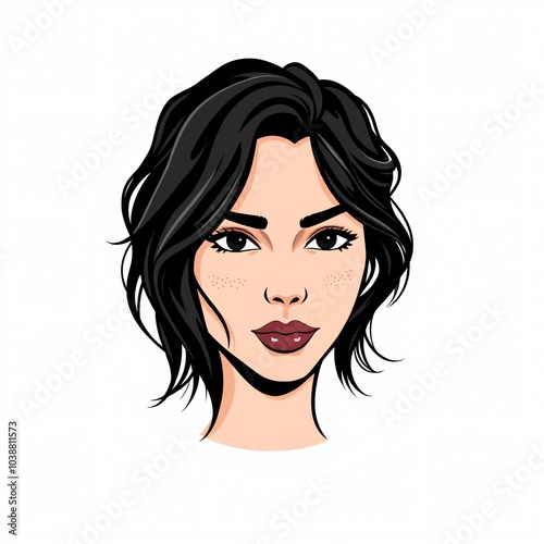 Portrait of a young woman with wavy black hair and freckles illustrating modern digital artwork style