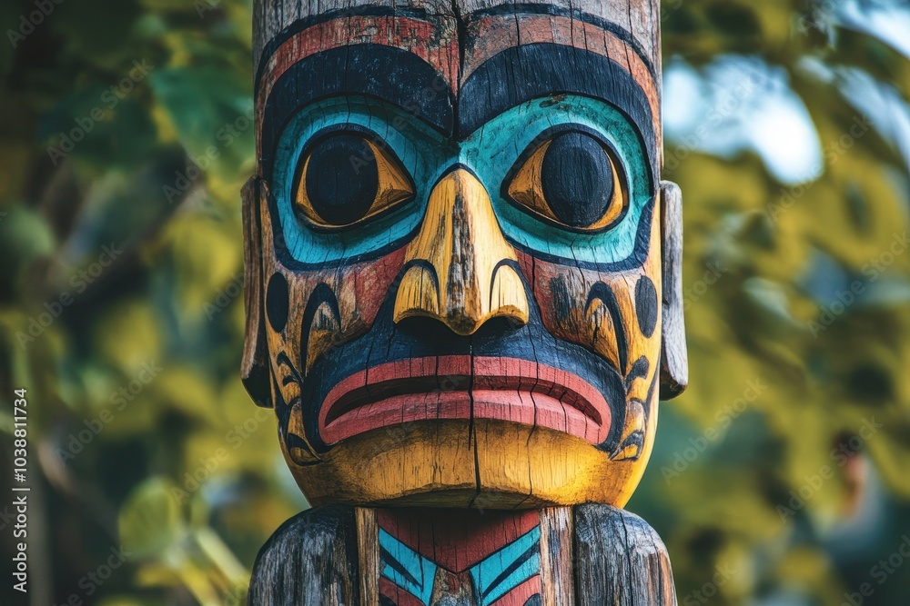 A Vibrantly Crafted Wooden Tribal Totem