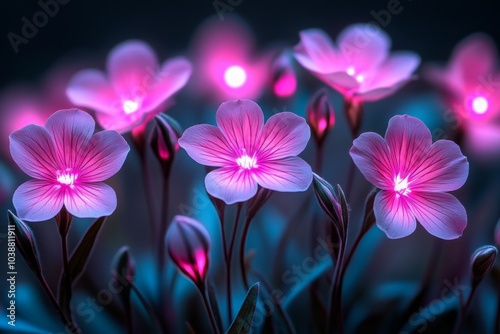 Phlox flowers blooming in a futuristic botanical dome, their pink petals illuminated by soft, glowing neon lights photo