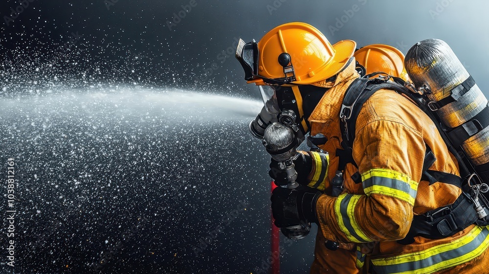 Firefighters with breathing apparatus battling a chemical spill fire, hazardous materials response, dangerous industrial firefighting Firefighters with breathing apparatus battling a chemical spill fire, hazardous materials response, dangerous industrial firefighting