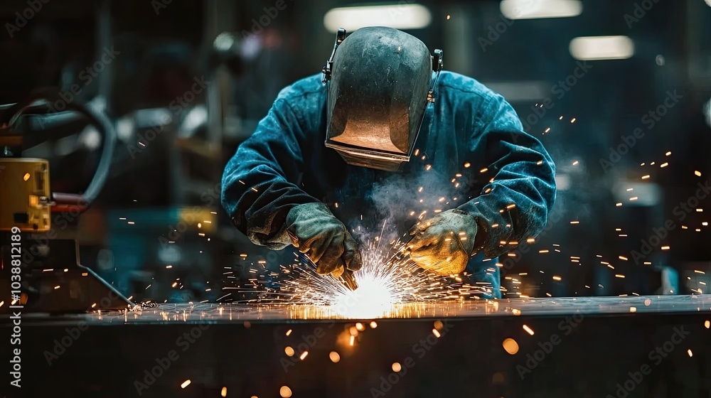 A focused welder creating intricate metalwork, their torch illuminating the workshop filled with industrial equipment A focused welder creating intricate metalwork, their torch illuminating the workshop filled with industrial equipment