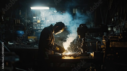 A focused welder creating intricate metalwork, their torch illuminating the workshop filled with industrial equipment