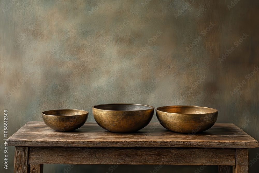 A wooden table displays three bronze Tibetan bowls utilized for meditation and music therapy