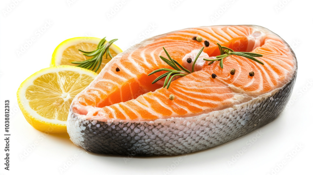 A raw salmon steak is beautifully presented on a cutting board, garnished with fresh rosemary sprigs and lemon slices, ready for a healthy gourmet meal. A raw salmon steak is beautifully presented on a cutting board, garnished with fresh rosemary sprigs and lemon slices, ready for a healthy gourmet meal.