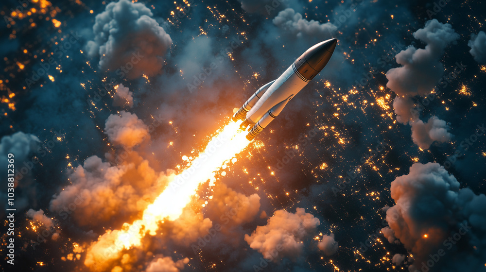 Fototapeta premium A rocket soaring high above the earths atmosphere through fluffy clouds. Concept Space Exploration.