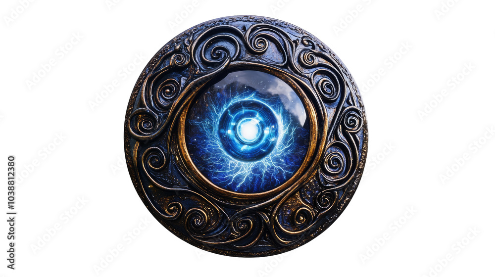 Fototapeta premium Ornate Round Frame with Blue Glowing Eye.