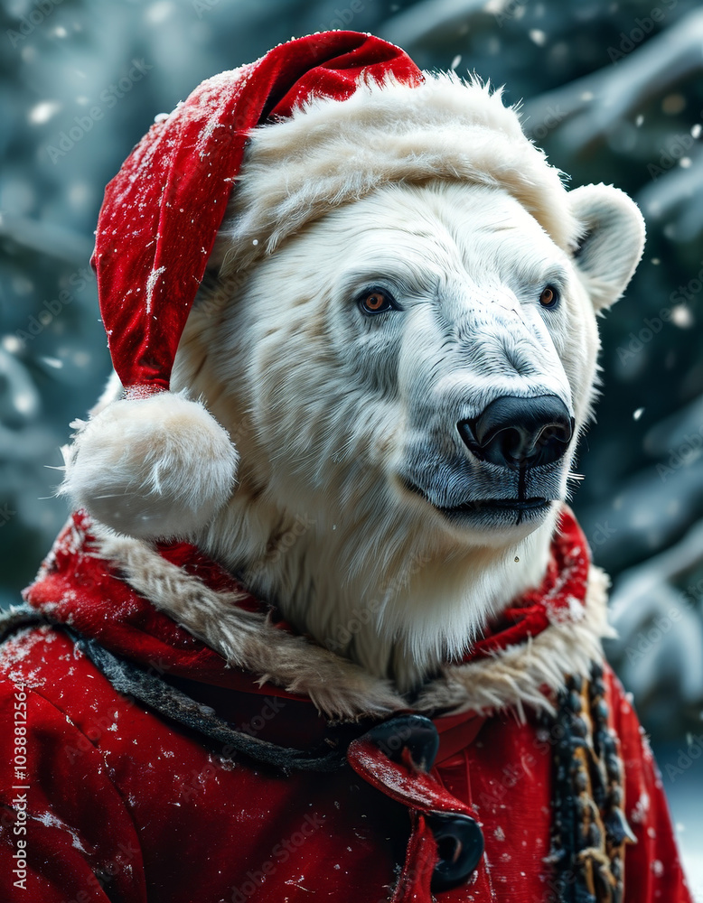 polar bear wearing a Christmas hat, magical winter, Santa’s hat, cute Christmas animal, Xmas, festive winter holiday concept polar bear wearing a Christmas hat, magical winter, Santa’s hat, cute Christmas animal, Xmas, festive winter holiday concept
