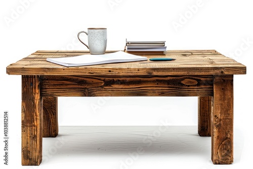 A wooden study table with a pile of textbooks, a pen, and a mug isolated on white