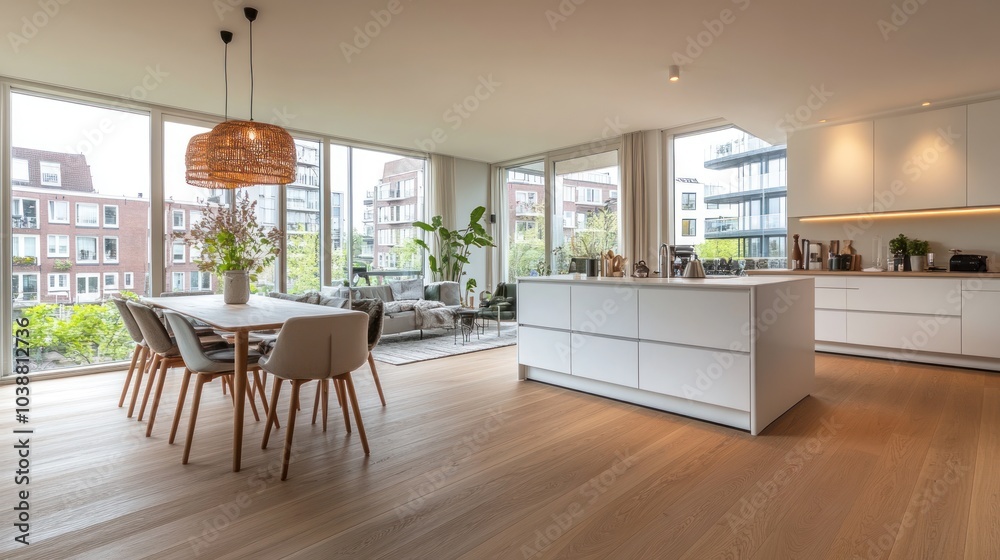 Fototapeta premium Modern Kitchen and Dining Room with City View