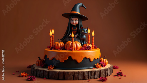 Halloween cake featuring a witch and pumpkins decoration with candles on a rustic wooden table