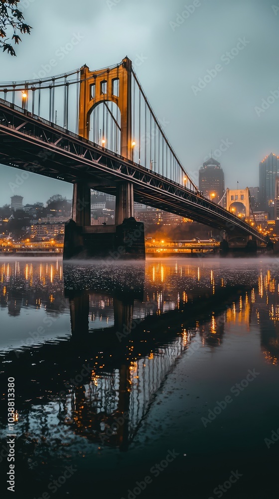 Fototapeta premium Twilight Scene of an Empty Bridge with City Lights