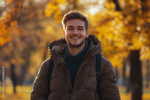 Young man in a warm modern clothes in autumn park