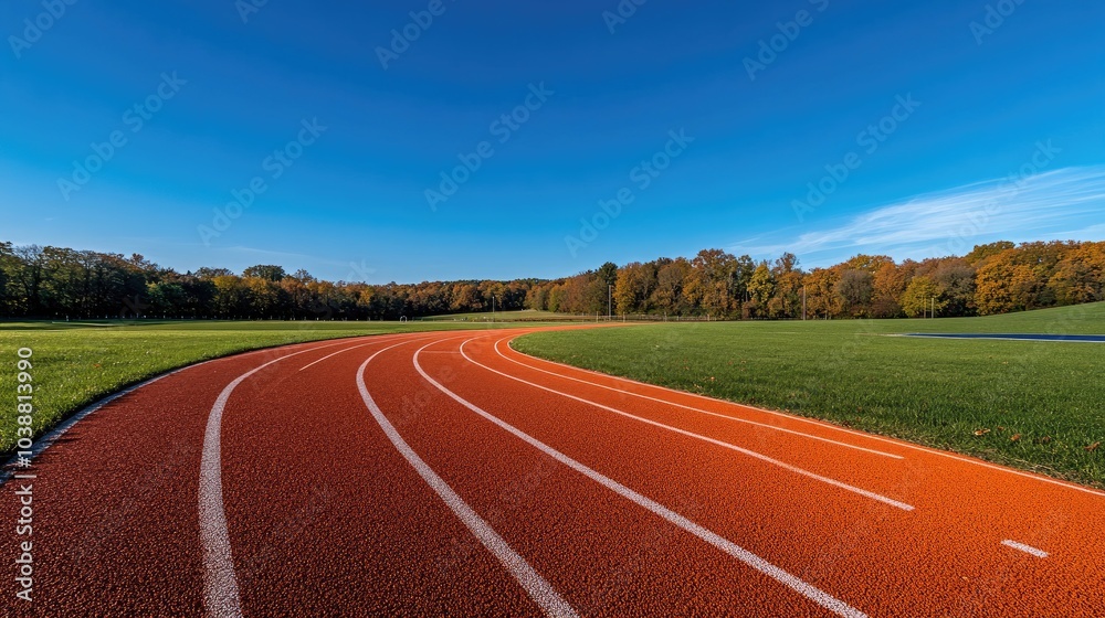 A well-maintained running track in vibrant orange-red, completely empty under the clear blue sky of a bright summer day A well-maintained running track in vibrant orange-red, completely empty under the clear blue sky of a bright summer day