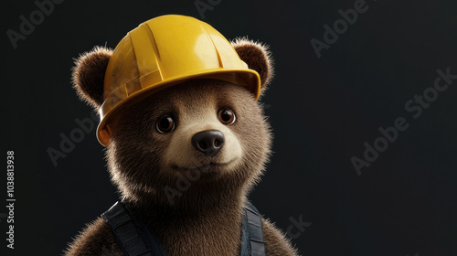 A smiling bear dressed in a yellow construction helmet against a dark background, exuding a friendly and approachable aura, perfect for heartwarming themes.