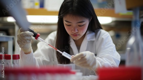 A lab worker extracts a sample of cells from a test tube using a pipette. photo