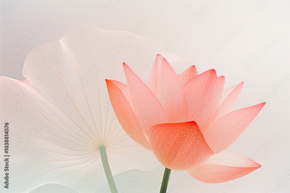 Obraz premium A soft pink lotus flower and leaf with dewdrops create a soothing and elegant composition.