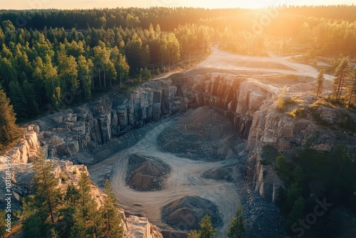 Aerial view of a stone quarry and crushing plant in a mixed forest near Yekaterinburg Ural Russia at sunset