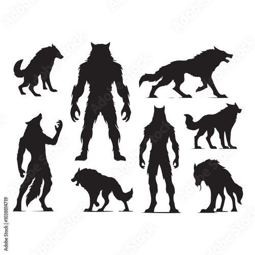 Set of werewolf silhouettes isolated on a white background, Vector illustration.