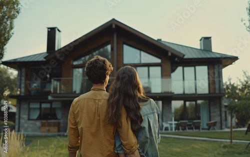 Rear view of young couple looking at their new house