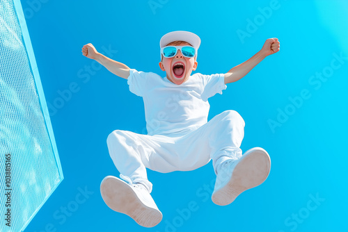 A joyful child jumps high against a clear blue sky on a sunny day in the park photo