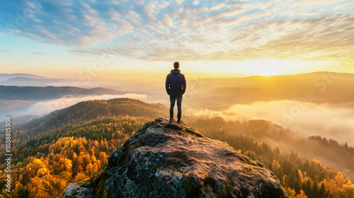 A man stands on a high rock, gazing at the vast horizon during a serene sunset over the mountains