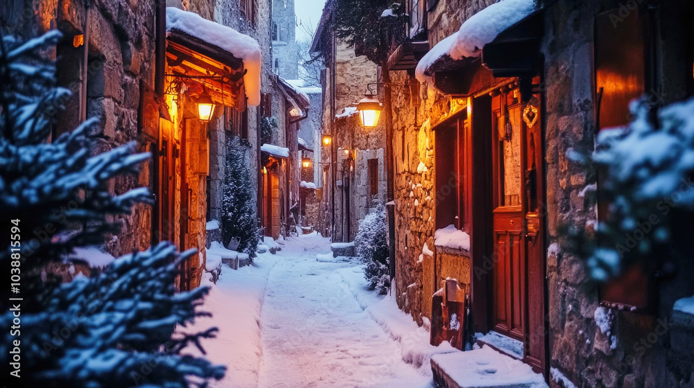 Charming narrow street in an old town blanketed in snow at dawn, showcasing wooden doors and old lanterns Charming narrow street in an old town blanketed in snow at dawn, showcasing wooden doors and old lanterns