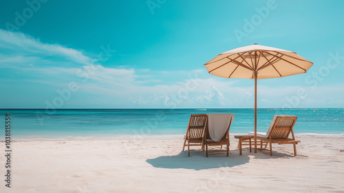 A beach striped umbrella and two chair on a natural background of blue sky and sand.