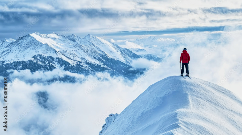 A skier stands atop a snowy mountain peak surrounded by clouds, embracing the tranquility of winter adventure A skier stands atop a snowy mountain peak surrounded by clouds, embracing the tranquility of winter adventure