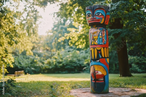 An image of a vibrant wooden totem in a garden photo