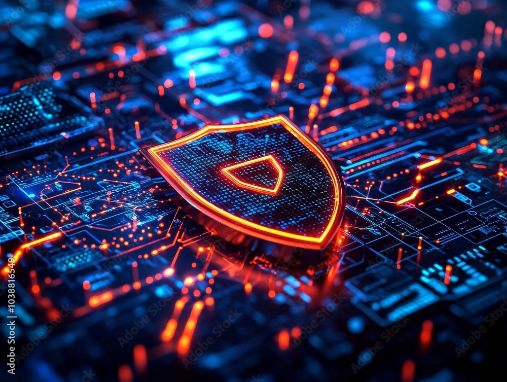 Fototapeta premium Cybersecurity Shield on Circuit Board, Digital Protection, Data Security