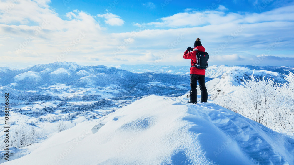 Tourist capturing winter landscapes atop a snowy mountain with majestic peaks and swirling snow Tourist capturing winter landscapes atop a snowy mountain with majestic peaks and swirling snow