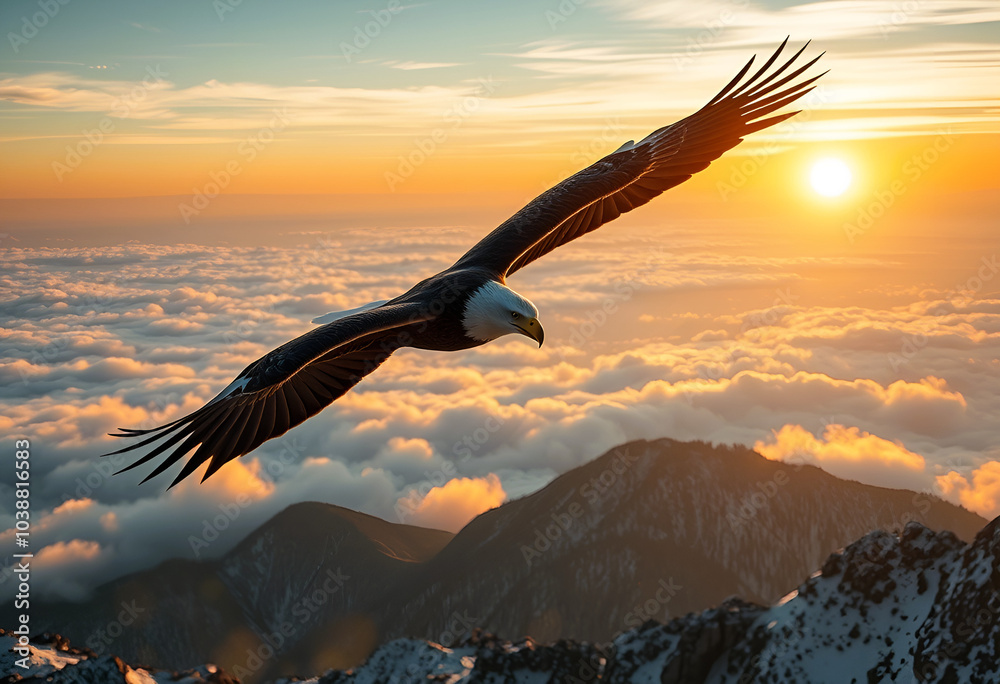 Naklejka premium An awe-inspiring photo of an eagle gliding gracefully over misty mountains during sunrise, symbolizing strength and freedom.