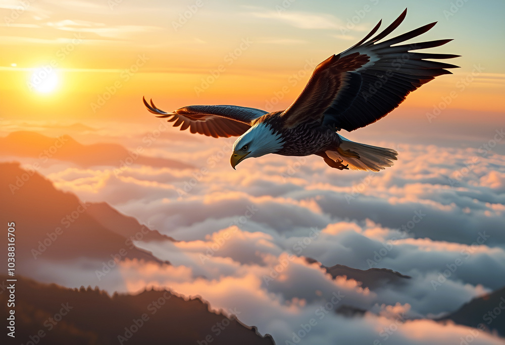 Fototapeta premium A stunning image of a majestic eagle soaring over a mountain landscape at sunrise, capturing the essence of freedom and natural beauty.