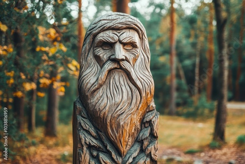 Ancient wooden pagan idol in nature depicting a bearded old man in Slavic style used in religious rituals
