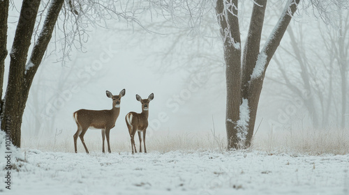 Two deer standing in a snowy forest, illuminated by soft morning light with a hint of fog around them