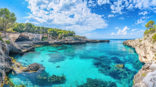 A panoramic view of Majorca's breathtaking shoreline, a charming Mediterranean island with pristine waters. photo