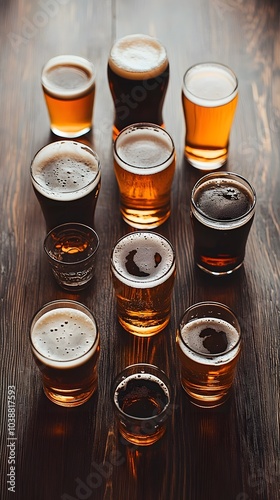 subjective view of various beer glasses gourmet, advertising image, black wooden table, 