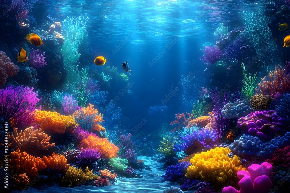 Naklejka premium Captivating Underwater Coral Reef Teeming with Vibrant Marine Life in 3D