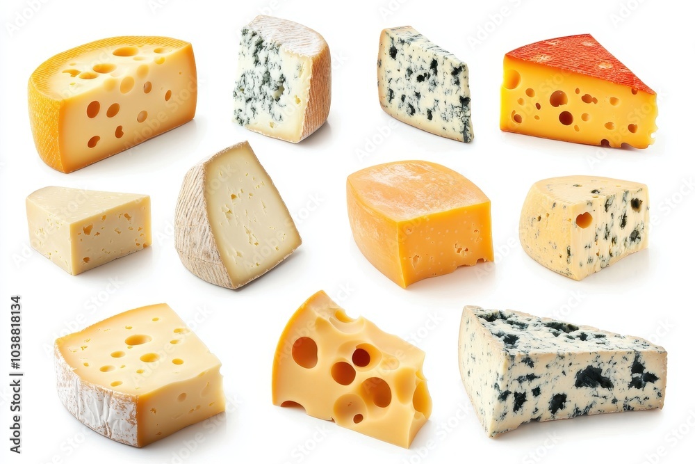Assortment of tasty cheese set against a white backdrop Assortment of tasty cheese set against a white backdrop