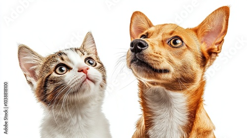 poster featuring a dog and cat staring up against a white backdrop.