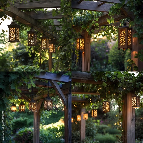 A wooden pergola with intricate carvings casts long shadows in the twilight draped with hanging lig Generative AI photo