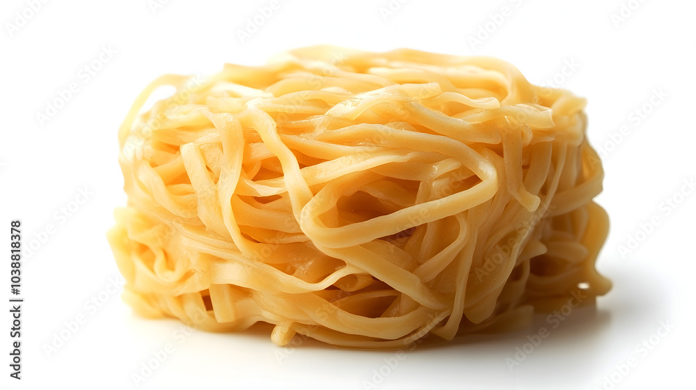 Close up of Curled Noodle Block on White Background with Natural Lighting Close up of Curled Noodle Block on White Background with Natural Lighting