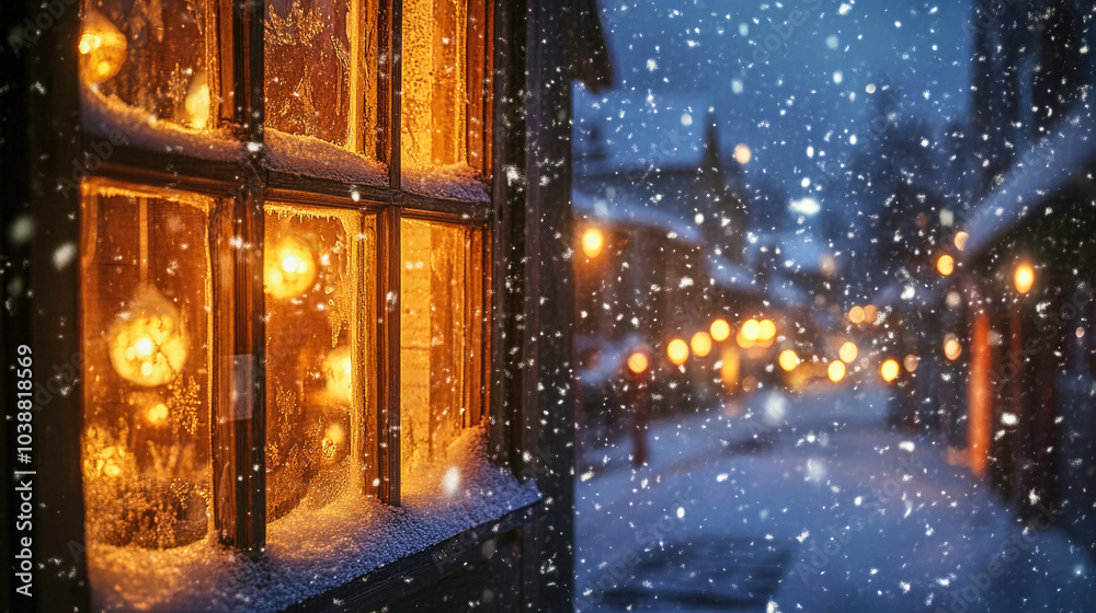 A tranquil winter evening through a window with lanterns illuminating a snowy street A tranquil winter evening through a window with lanterns illuminating a snowy street