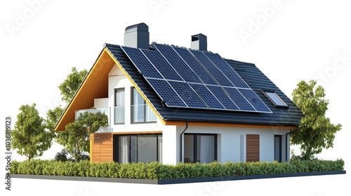 Sleek modern house with roof-mounted solar panels, transparent background for themes of sustainability and green energy photo