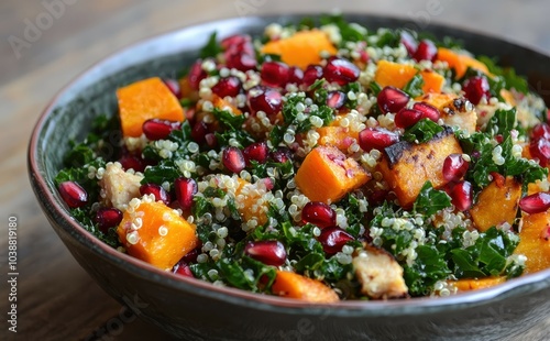 Autumn salad with kale squash pomegranate and quinoa