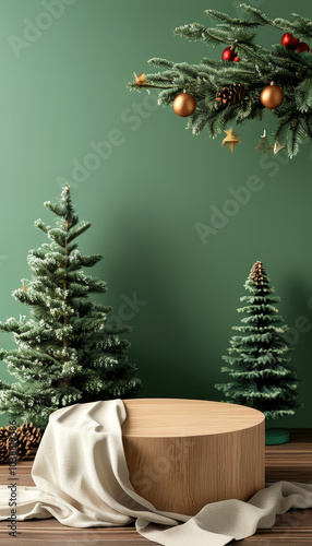 Modern Empty log podium with fibre on wooden table, green wall background, Christmas trees and ornaments, Christmas mock up for design and product display