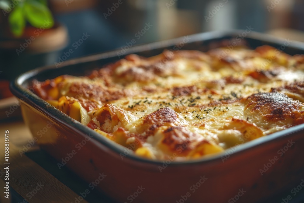 Baking dish with ricotta and spinach cannelloni Shallow focus Baking dish with ricotta and spinach cannelloni Shallow focus