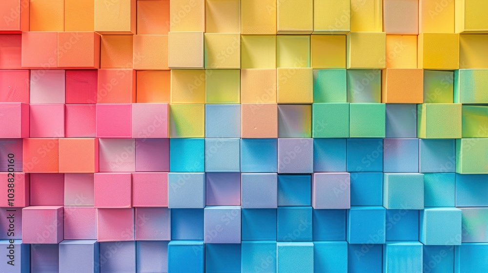 Volumetric cubes in a colorful, abstract background, providing a geometric, textured design with a rainbow of flowers for creative digital and graphic compositions.